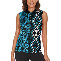 Turquoise Aotearoa Women Sleeveless Polo Shirt Taniko Motifs With Paua Shell Kowhaiwhai LT14 - Polynesian Pride