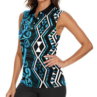 Turquoise Aotearoa Women Sleeveless Polo Shirt Taniko Motifs With Paua Shell Kowhaiwhai LT14 - Polynesian Pride