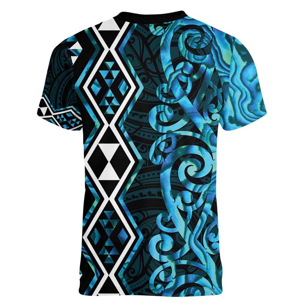 Turquoise Aotearoa Women V-Neck T-Shirt Taniko Motifs With Paua Shell Kowhaiwhai LT14 - Polynesian Pride