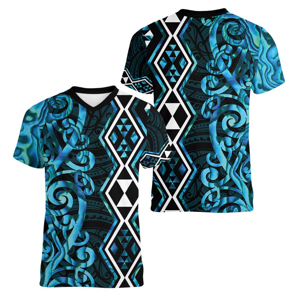 Turquoise Aotearoa Women V-Neck T-Shirt Taniko Motifs With Paua Shell Kowhaiwhai LT14 - Polynesian Pride