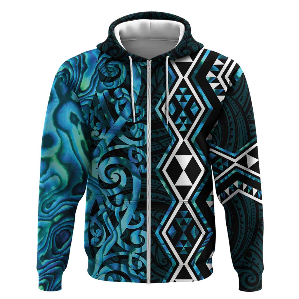 Turquoise Aotearoa Zip Hoodie Taniko Motifs With Paua Shell Kowhaiwhai LT14 Zip Hoodie Turquoise - Polynesian Pride