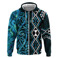 Turquoise Aotearoa Zip Hoodie Taniko Motifs With Paua Shell Kowhaiwhai LT14 Zip Hoodie Turquoise - Polynesian Pride