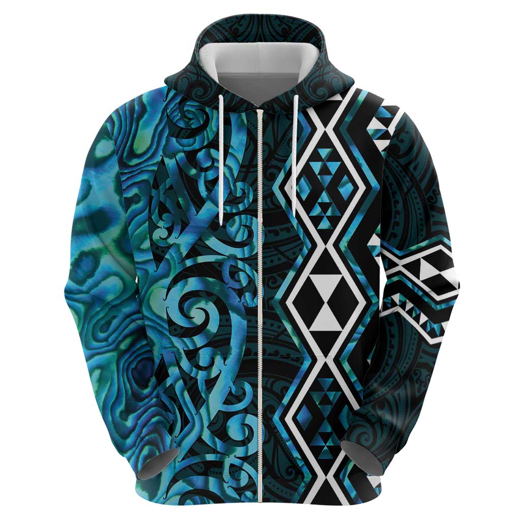 Turquoise Aotearoa Zip Hoodie Taniko Motifs With Paua Shell Kowhaiwhai LT14 - Polynesian Pride