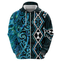 Turquoise Aotearoa Zip Hoodie Taniko Motifs With Paua Shell Kowhaiwhai LT14 - Polynesian Pride