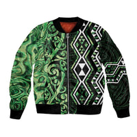 Green Aotearoa Bomber Jacket Taniko Motifs With Paua Shell Kowhaiwhai LT14 Unisex Green - Polynesian Pride
