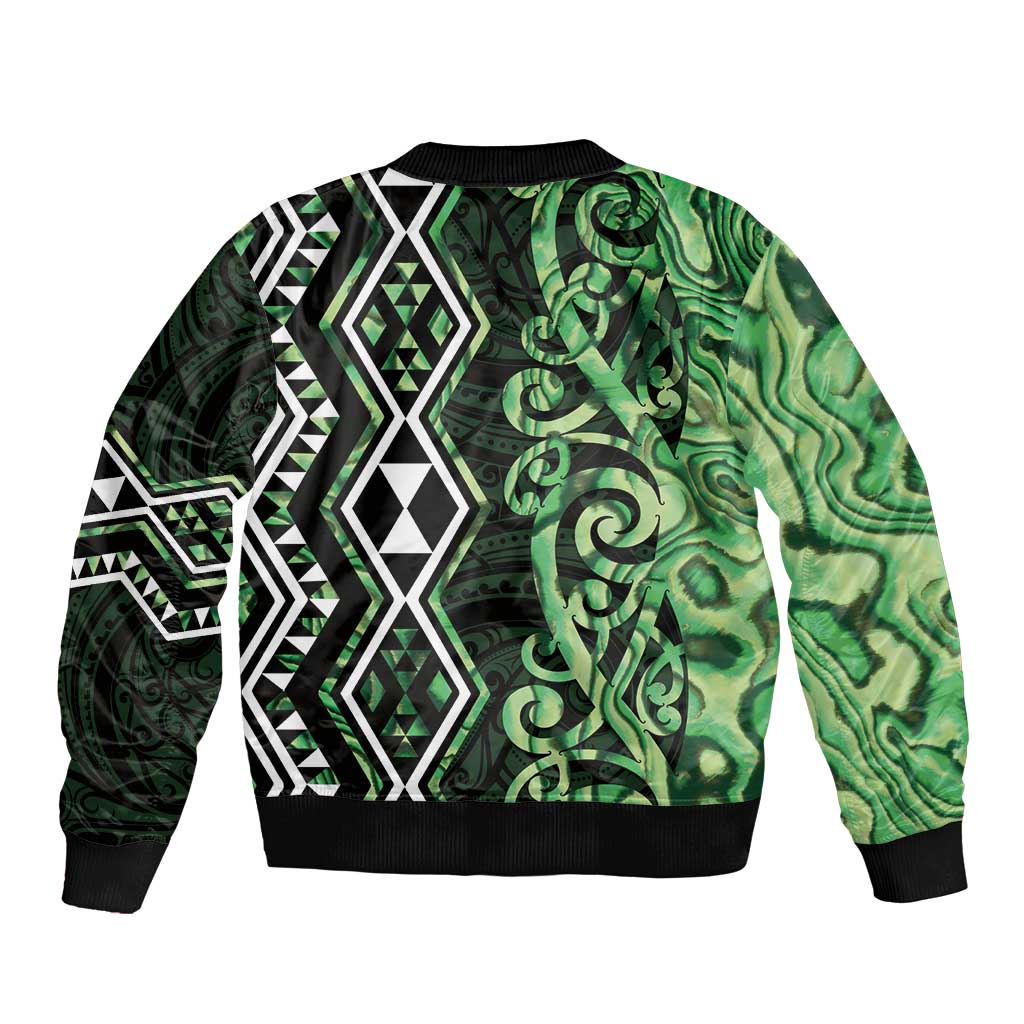 Green Aotearoa Bomber Jacket Taniko Motifs With Paua Shell Kowhaiwhai LT14 - Polynesian Pride