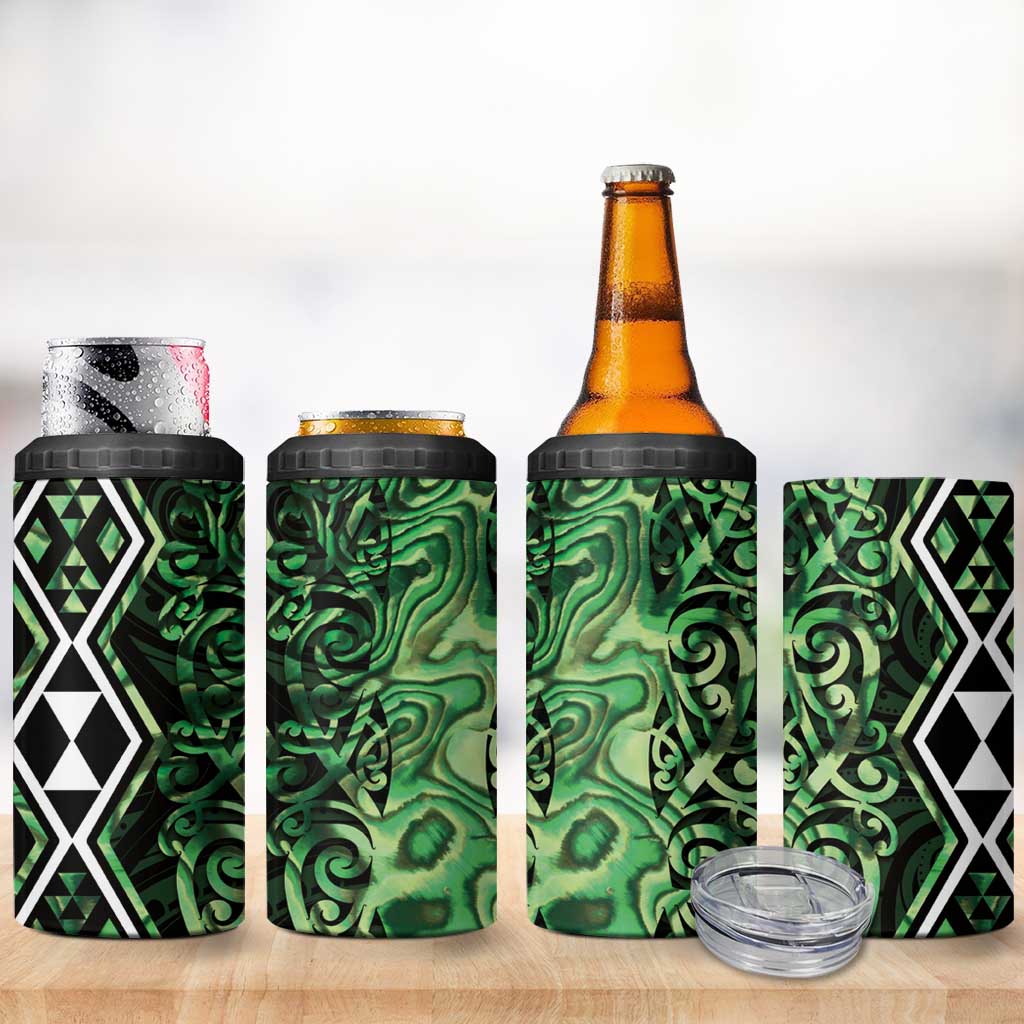 Green Aotearoa 4 in 1 Can Cooler Tumbler Taniko Motifs With Paua Shell Kowhaiwhai LT14 - Polynesian Pride