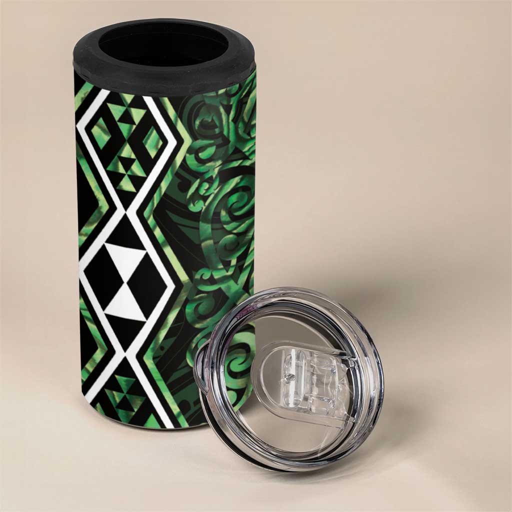 Green Aotearoa 4 in 1 Can Cooler Tumbler Taniko Motifs With Paua Shell Kowhaiwhai LT14 - Polynesian Pride