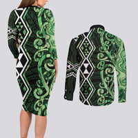 Green Aotearoa Couples Matching Long Sleeve Bodycon Dress and Long Sleeve Button Shirt Taniko Motifs With Paua Shell Kowhaiwhai LT14 - Polynesian Pride