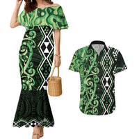 Green Aotearoa Couples Matching Mermaid Dress and Hawaiian Shirt Taniko Motifs With Paua Shell Kowhaiwhai LT14 Green - Polynesian Pride