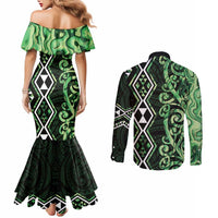 Green Aotearoa Couples Matching Mermaid Dress and Long Sleeve Button Shirt Taniko Motifs With Paua Shell Kowhaiwhai LT14 - Polynesian Pride