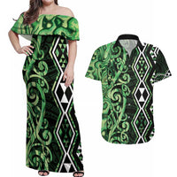 Green Aotearoa Couples Matching Off Shoulder Maxi Dress and Hawaiian Shirt Taniko Motifs With Paua Shell Kowhaiwhai LT14 Green - Polynesian Pride