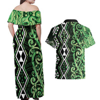 Green Aotearoa Couples Matching Off Shoulder Maxi Dress and Hawaiian Shirt Taniko Motifs With Paua Shell Kowhaiwhai LT14 - Polynesian Pride