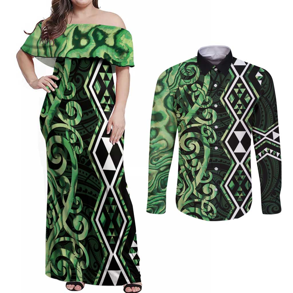 Green Aotearoa Couples Matching Off Shoulder Maxi Dress and Long Sleeve Button Shirt Taniko Motifs With Paua Shell Kowhaiwhai LT14 Green - Polynesian Pride