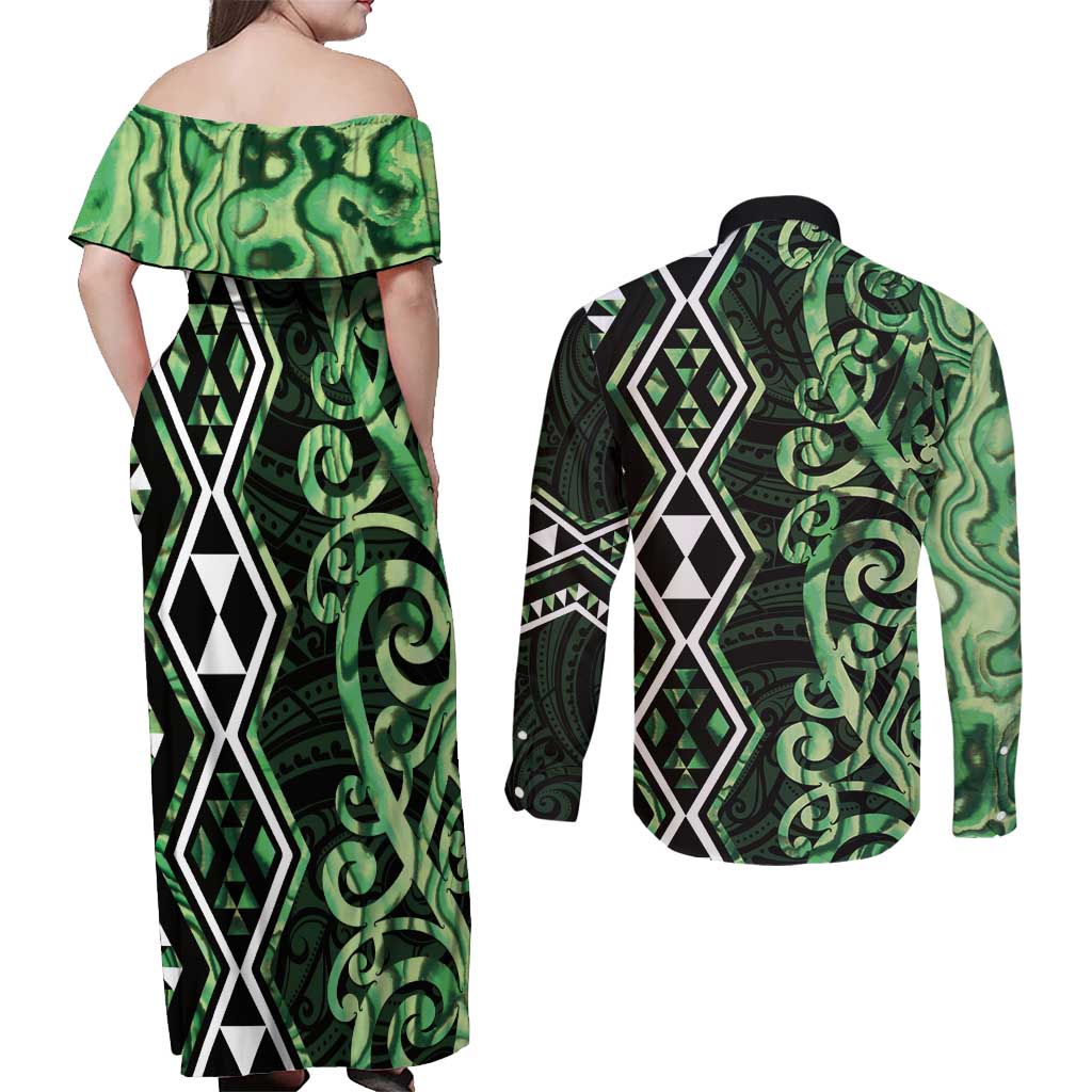 Green Aotearoa Couples Matching Off Shoulder Maxi Dress and Long Sleeve Button Shirt Taniko Motifs With Paua Shell Kowhaiwhai LT14 - Polynesian Pride
