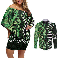 Green Aotearoa Couples Matching Off Shoulder Short Dress and Long Sleeve Button Shirt Taniko Motifs With Paua Shell Kowhaiwhai LT14 Green - Polynesian Pride
