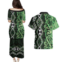 Green Aotearoa Couples Matching Puletasi and Hawaiian Shirt Taniko Motifs With Paua Shell Kowhaiwhai LT14 - Polynesian Pride