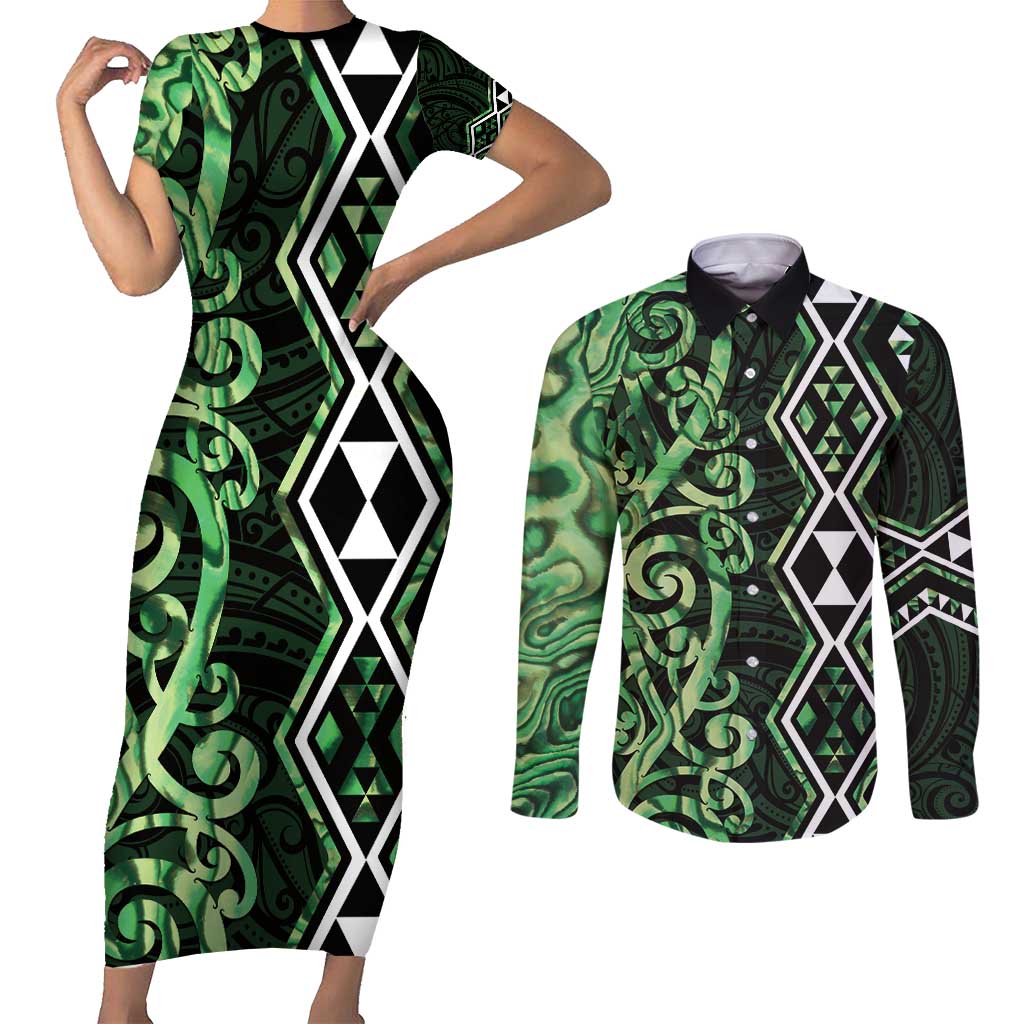 Green Aotearoa Couples Matching Short Sleeve Bodycon Dress and Long Sleeve Button Shirt Taniko Motifs With Paua Shell Kowhaiwhai LT14 Green - Polynesian Pride