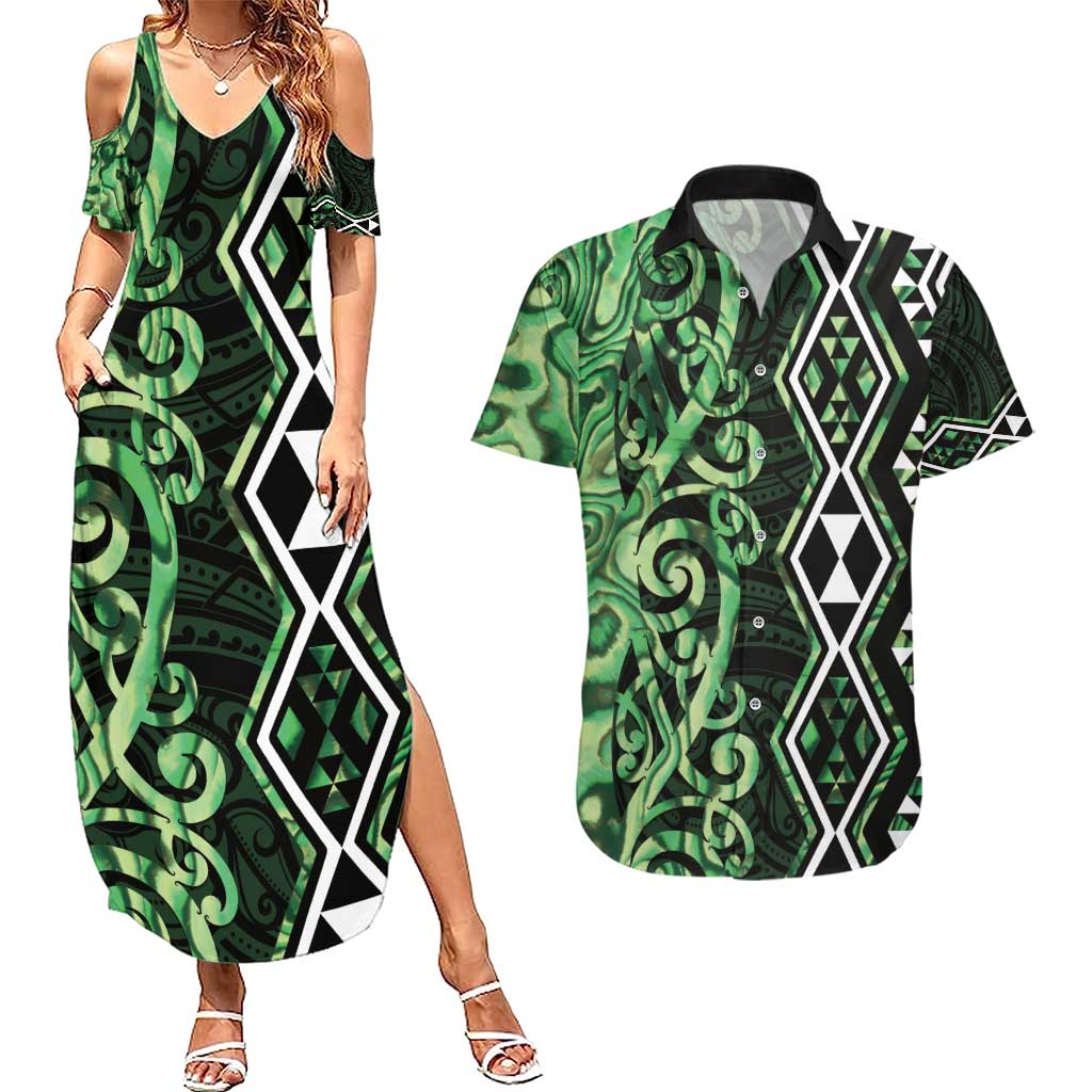 Green Aotearoa Couples Matching Summer Maxi Dress and Hawaiian Shirt Taniko Motifs With Paua Shell Kowhaiwhai LT14 Green - Polynesian Pride