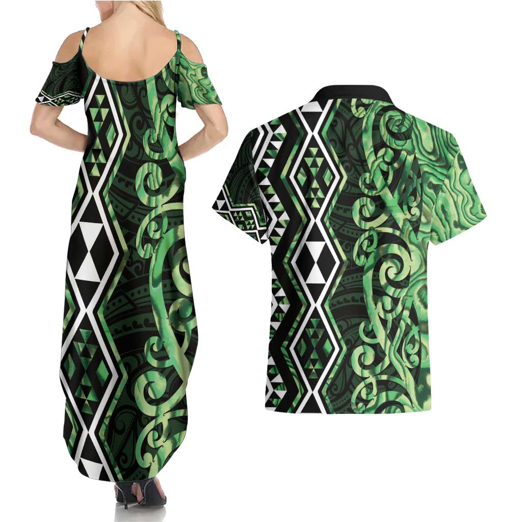 Green Aotearoa Couples Matching Summer Maxi Dress and Hawaiian Shirt Taniko Motifs With Paua Shell Kowhaiwhai LT14 - Polynesian Pride