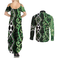 Green Aotearoa Couples Matching Summer Maxi Dress and Long Sleeve Button Shirt Taniko Motifs With Paua Shell Kowhaiwhai LT14 - Polynesian Pride