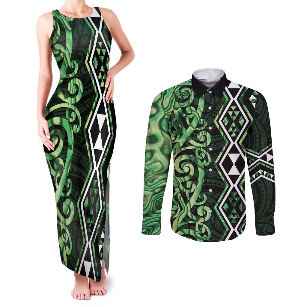 Green Aotearoa Couples Matching Tank Maxi Dress and Long Sleeve Button Shirt Taniko Motifs With Paua Shell Kowhaiwhai LT14 Green - Polynesian Pride