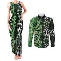 Green Aotearoa Couples Matching Tank Maxi Dress and Long Sleeve Button Shirt Taniko Motifs With Paua Shell Kowhaiwhai LT14 Green - Polynesian Pride