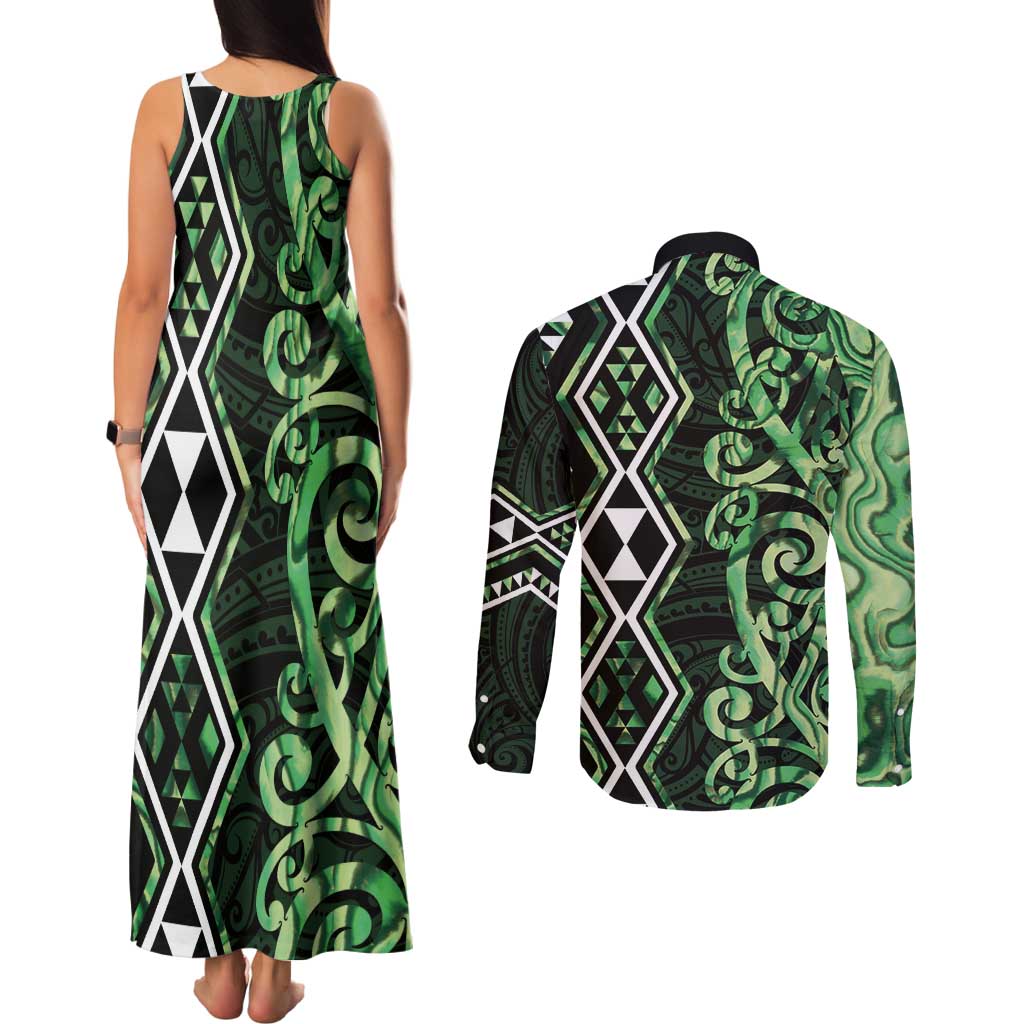Green Aotearoa Couples Matching Tank Maxi Dress and Long Sleeve Button Shirt Taniko Motifs With Paua Shell Kowhaiwhai LT14 - Polynesian Pride