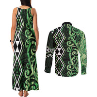 Green Aotearoa Couples Matching Tank Maxi Dress and Long Sleeve Button Shirt Taniko Motifs With Paua Shell Kowhaiwhai LT14 - Polynesian Pride