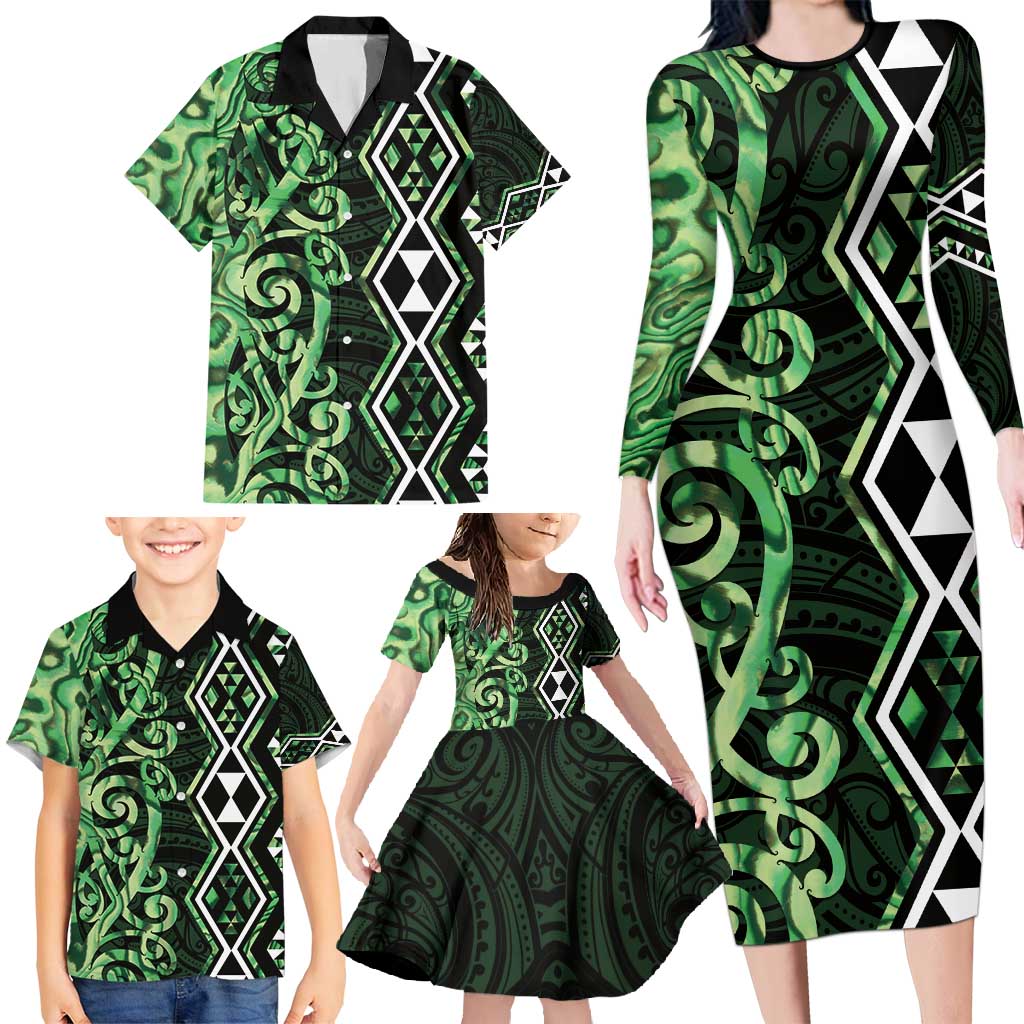 Green Aotearoa Family Matching Long Sleeve Bodycon Dress and Hawaiian Shirt Taniko Motifs With Paua Shell Kowhaiwhai LT14 - Polynesian Pride