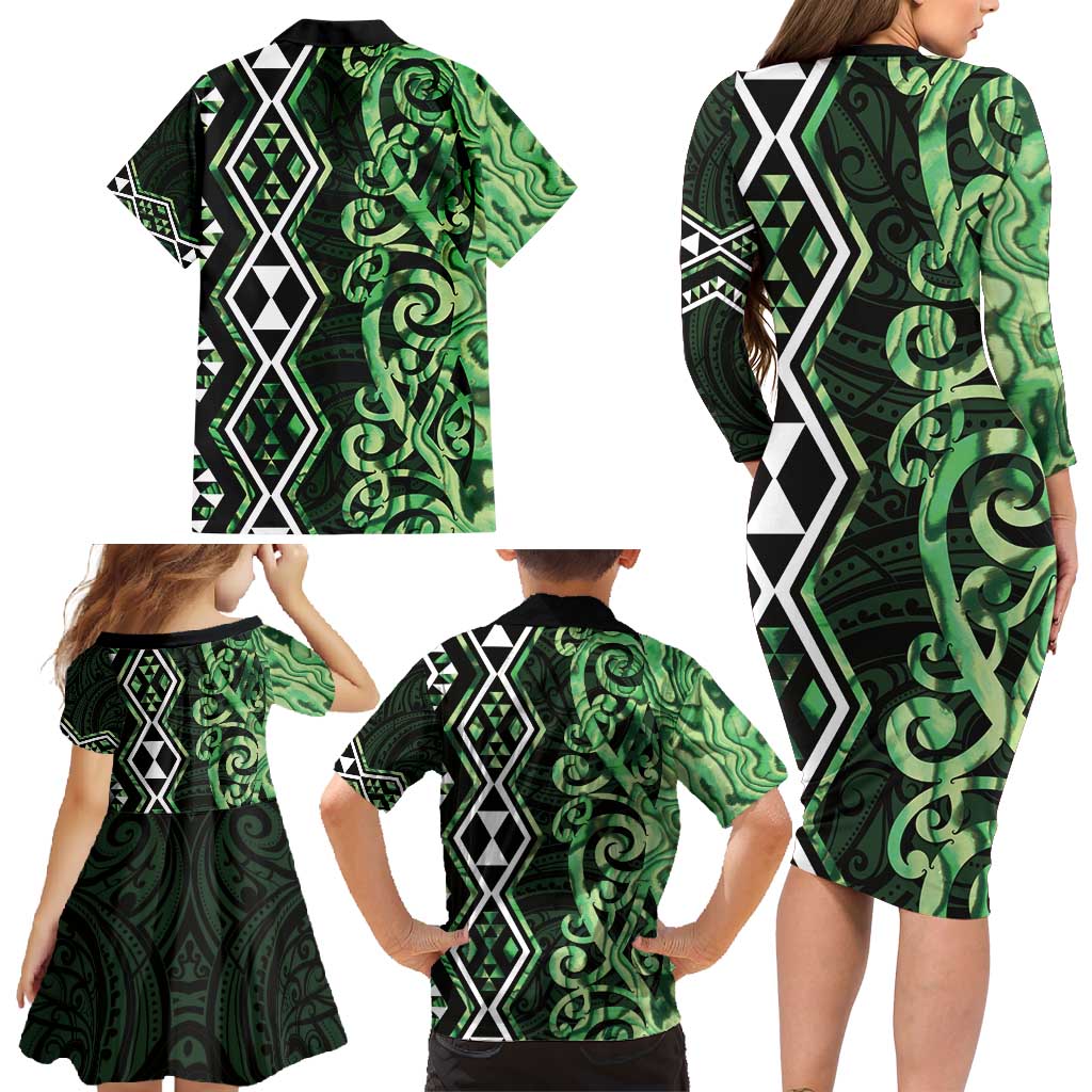 Green Aotearoa Family Matching Long Sleeve Bodycon Dress and Hawaiian Shirt Taniko Motifs With Paua Shell Kowhaiwhai LT14 - Polynesian Pride
