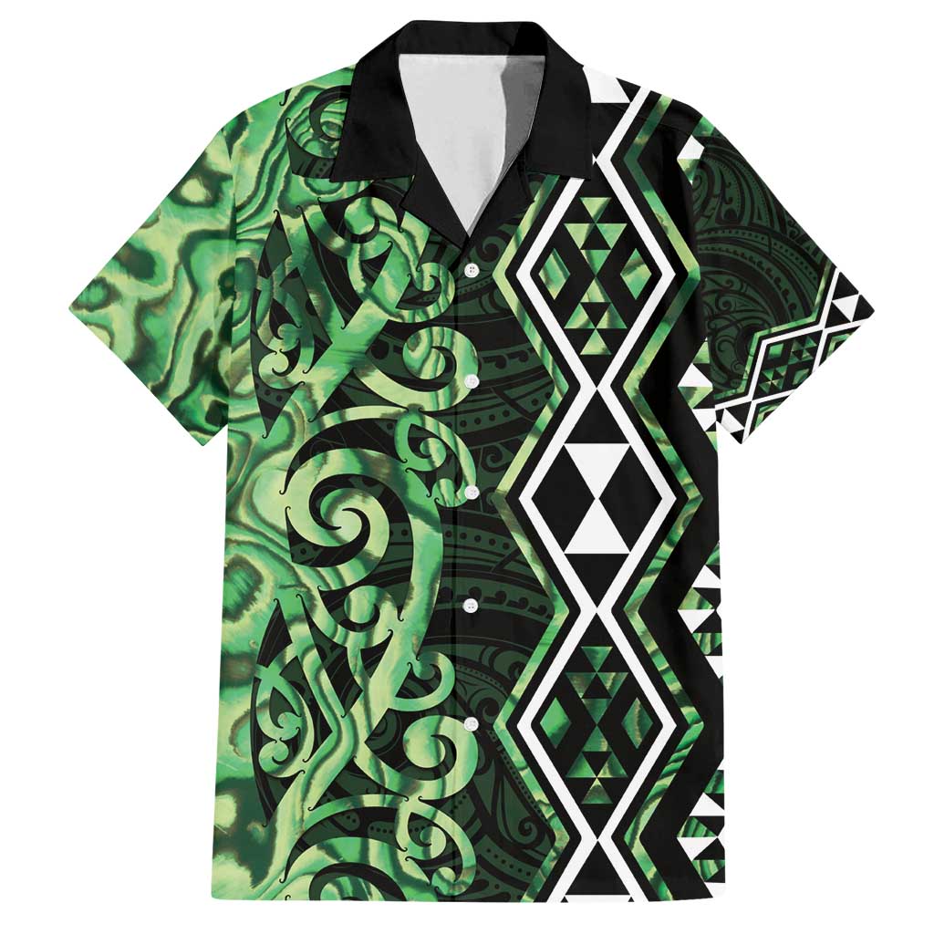 Green Aotearoa Family Matching Long Sleeve Bodycon Dress and Hawaiian Shirt Taniko Motifs With Paua Shell Kowhaiwhai LT14 Dad's Shirt - Short Sleeve Green - Polynesian Pride