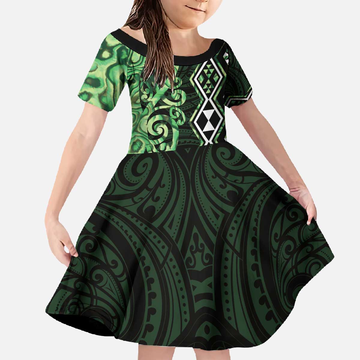 Green Aotearoa Family Matching Off The Shoulder Long Sleeve Dress and Hawaiian Shirt Taniko Motifs With Paua Shell Kowhaiwhai LT14 Daughter's Dress Green - Polynesian Pride