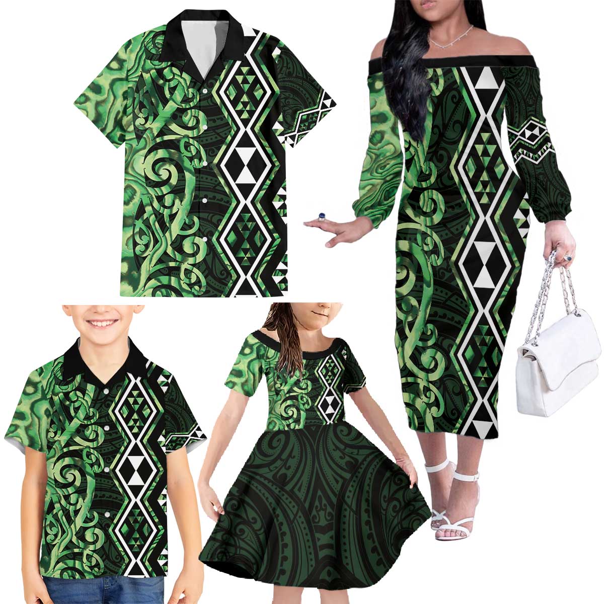 Green Aotearoa Family Matching Off The Shoulder Long Sleeve Dress and Hawaiian Shirt Taniko Motifs With Paua Shell Kowhaiwhai LT14 - Polynesian Pride