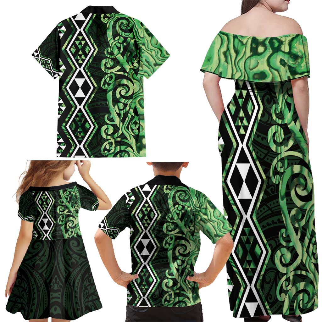 Green Aotearoa Family Matching Off Shoulder Maxi Dress and Hawaiian Shirt Taniko Motifs With Paua Shell Kowhaiwhai LT14 - Polynesian Pride