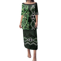 Green Aotearoa Family Matching Puletasi and Hawaiian Shirt Taniko Motifs With Paua Shell Kowhaiwhai LT14 Mom's Dress Green - Polynesian Pride