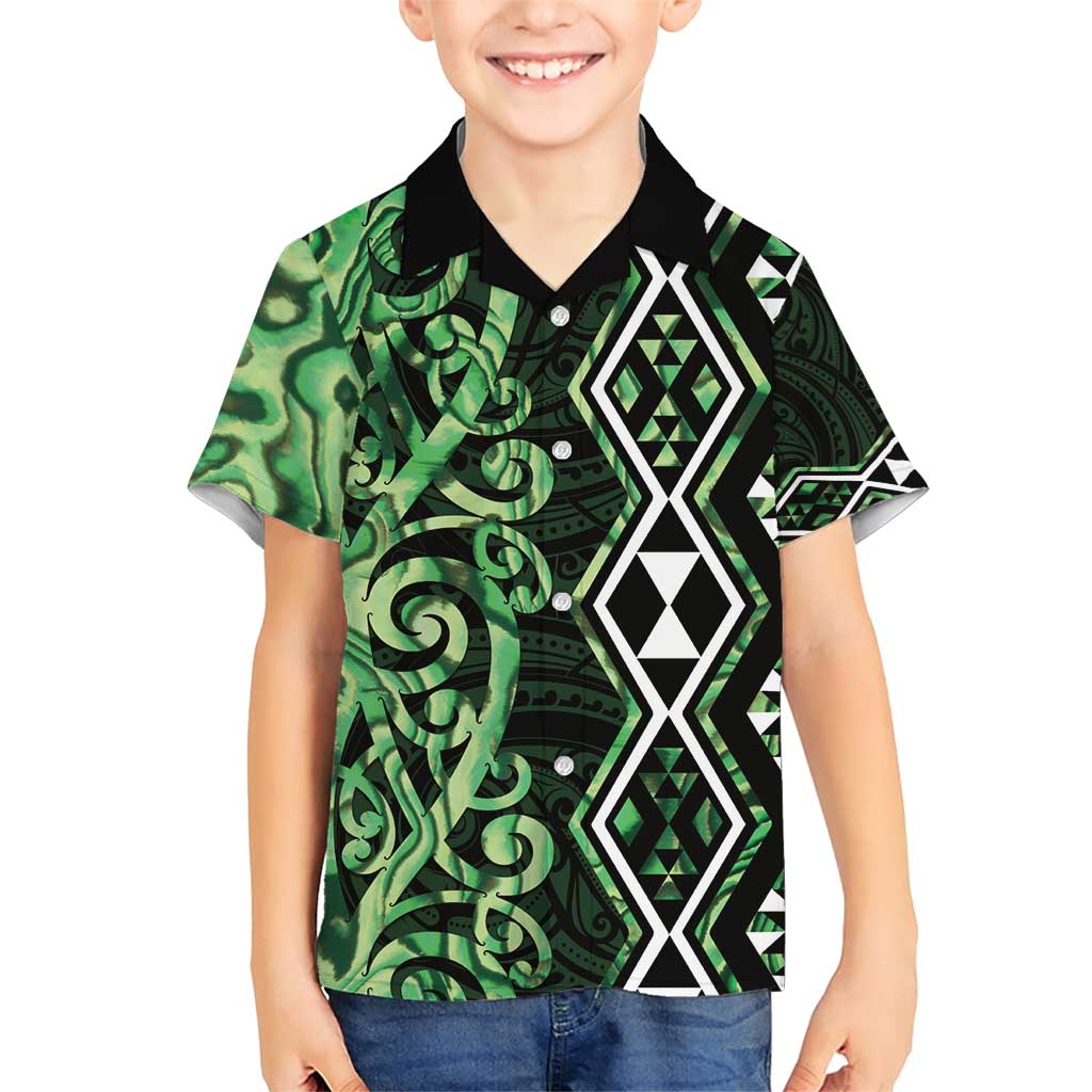 Green Aotearoa Family Matching Short Sleeve Bodycon Dress and Hawaiian Shirt Taniko Motifs With Paua Shell Kowhaiwhai LT14 Son's Shirt Green - Polynesian Pride