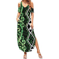 Green Aotearoa Family Matching Summer Maxi Dress and Hawaiian Shirt Taniko Motifs With Paua Shell Kowhaiwhai LT14 Mom's Dress Green - Polynesian Pride