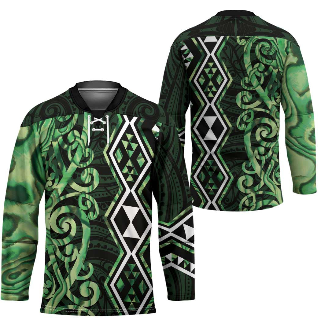 Green Aotearoa Hockey Jersey Taniko Motifs With Paua Shell Kowhaiwhai - Polynesian Pride