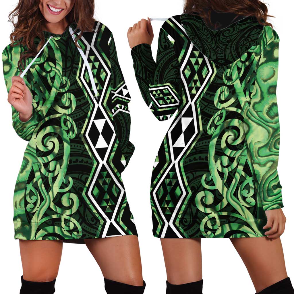 Green Aotearoa Hoodie Dress Taniko Motifs With Paua Shell Kowhaiwhai LT14 - Polynesian Pride