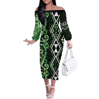 Green Aotearoa Off The Shoulder Long Sleeve Dress Taniko Motifs With Paua Shell Kowhaiwhai LT14 Women Green - Polynesian Pride