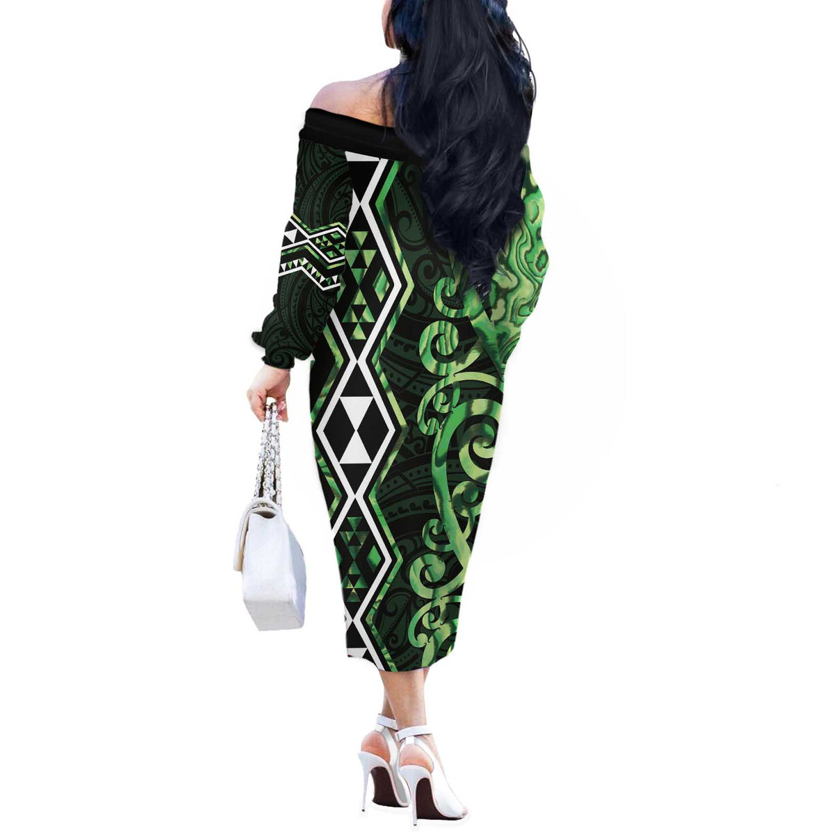 Green Aotearoa Off The Shoulder Long Sleeve Dress Taniko Motifs With Paua Shell Kowhaiwhai LT14 - Polynesian Pride