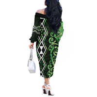 Green Aotearoa Off The Shoulder Long Sleeve Dress Taniko Motifs With Paua Shell Kowhaiwhai LT14 - Polynesian Pride