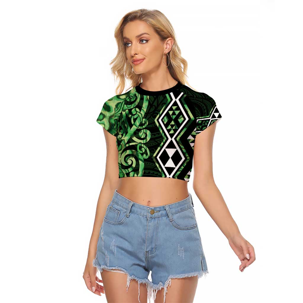 Green Aotearoa Raglan Cropped T Shirt Taniko Motifs With Paua Shell Kowhaiwhai LT14 Female Green - Polynesian Pride