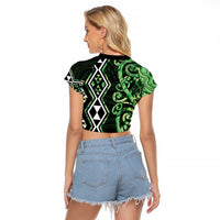 Green Aotearoa Raglan Cropped T Shirt Taniko Motifs With Paua Shell Kowhaiwhai LT14 - Polynesian Pride