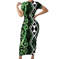 Green Aotearoa Short Sleeve Bodycon Dress Taniko Motifs With Paua Shell Kowhaiwhai LT14 Long Dress Green - Polynesian Pride