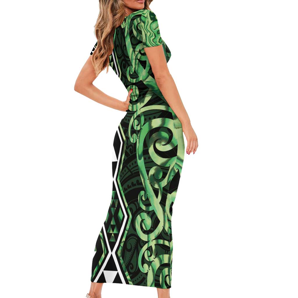 Green Aotearoa Short Sleeve Bodycon Dress Taniko Motifs With Paua Shell Kowhaiwhai LT14 - Polynesian Pride