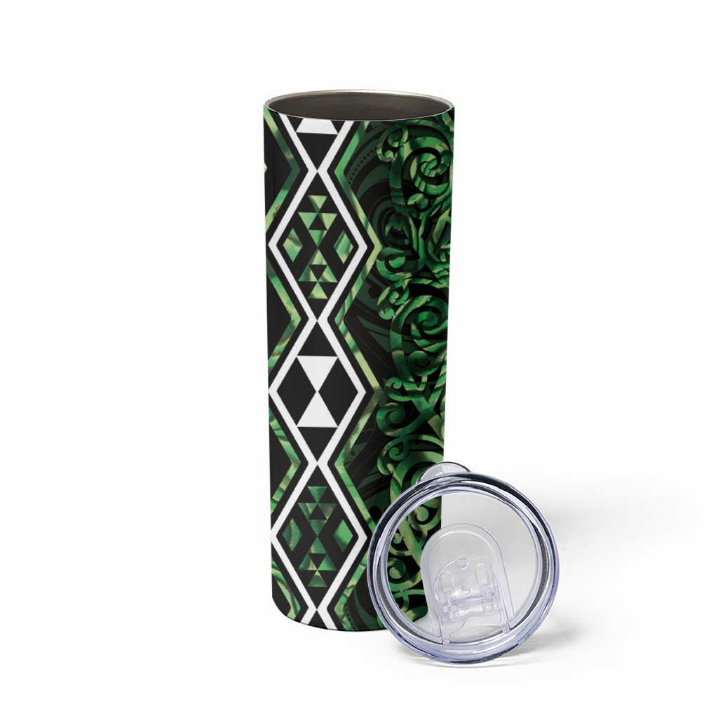 Green Aotearoa Skinny Tumbler Taniko Motifs With Paua Shell Kowhaiwhai LT14 - Polynesian Pride