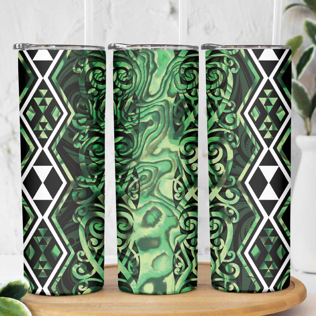 Green Aotearoa Skinny Tumbler Taniko Motifs With Paua Shell Kowhaiwhai LT14 - Polynesian Pride