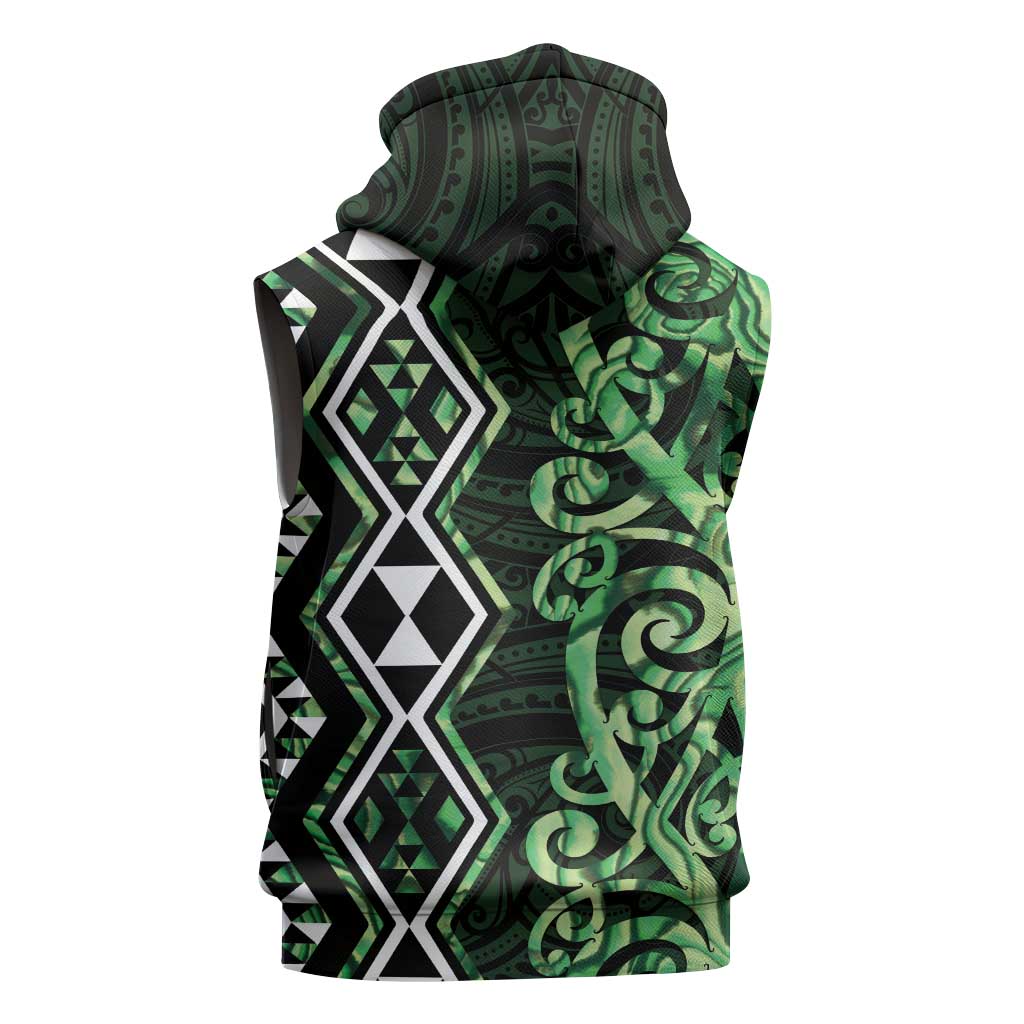 Green Aotearoa Sleeveless Hoodie Taniko Motifs With Paua Shell Kowhaiwhai LT14 - Polynesian Pride